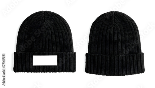 black beanie hat apparel mockup for man playing sport on cold winter season,. two beanies cap for happy holiday leisure on chill outdoor with transparent and white background.  one with blank label.