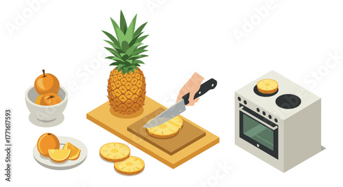 Isometric kitchen scene with pineapple and citrus fruits on cutting board