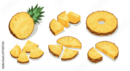Delicious pineapple slices in various arrangements on white background