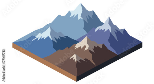 Isometric mountainous terrain with snow-capped peaks in abstract geometric style