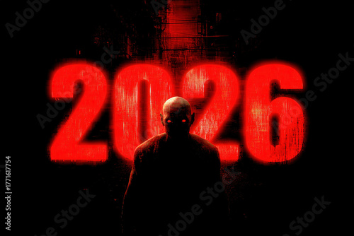 celebrate 2026 horror with red numbers behind fluro zombie silhouette with glowing eyes, new years eve day night, horror silvester, fantasy, illustrated