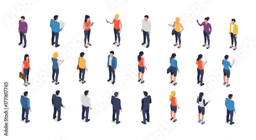 Diverse group of isometric people engaging in casual conversations on white background