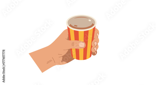 Hand holding a striped cup of coffee on a white background