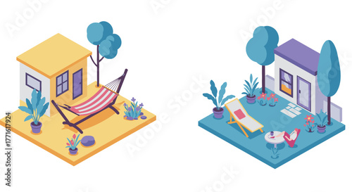 Isometric backyard oasis with modern homes and relaxation spaces