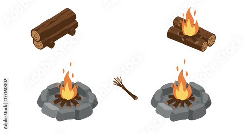 Set of campfire designs: logs, flames, and stone fire pits in isometric style
