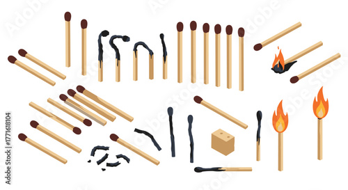 Burnt and unburnt matches with flames in isometric style