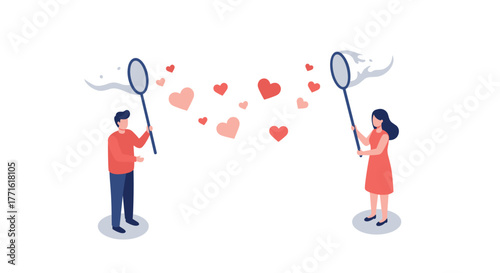 Couple catching hearts with nets in a minimalist flat style