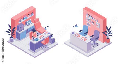 Modern isometric beauty salon interior with stylish furniture and decorations
