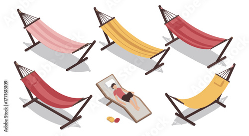 Relaxation essentials: isometric hammock set with sunbather and summer accessories