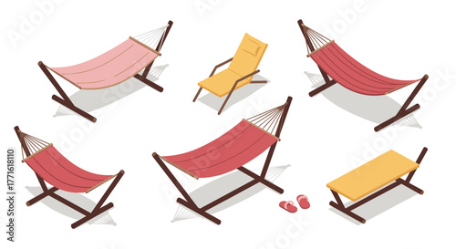 Isometric beach set with hammocks and lounge chairs for relaxation