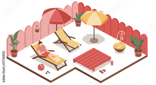 Relaxing backyard retreat with sun loungers and umbrellas in isometric style