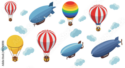 Colorful hot air balloons and airships flying in a cloudy sky