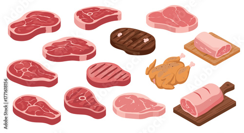 Isometric meat selection: cuts and poultry displayed on wooden boards