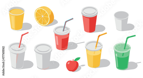 Colorful isometric drinks and fruits with straws on white background