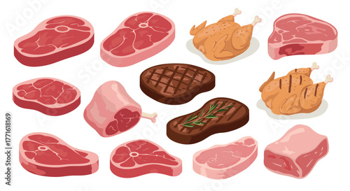 Variety of meat cuts including chicken and steak in a flat design on white background