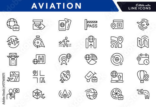 Aviation line icon set. Flight, airplane, visa, passport, ticket, airport, customs, luggage, wifi, traveler, vector line icon pack. UI thin line icons