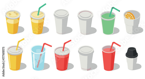 Isometric beverage cups collection featuring diverse cold drinks in colorful design