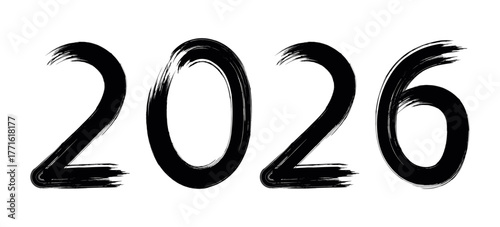 Grunge brush-style 2026 typography with rough textured strokes and distressed artistic edges, blending modern minimalism and expressive design perfect for bold poster, logo, and creative concept art