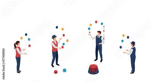 Isometric circus performers juggling colorful balls in formation
