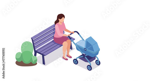 Mother with baby stroller on park bench in isometric style