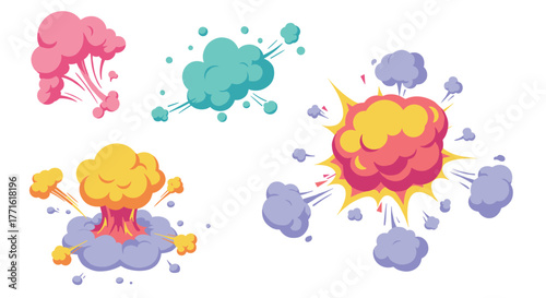 Colorful cartoon explosion collection with smoke effects