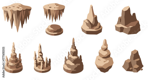 Collection of cartoon rock formations in isometric style for game design