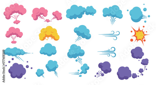 Cartoon cloud and wind icons set for weather and nature designs
