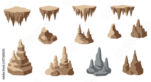 Collection of geological formations with various stalagmites and stalactites on white background