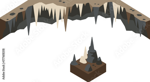 Isometric cave formation with stalagmites and stalactites in earth tones