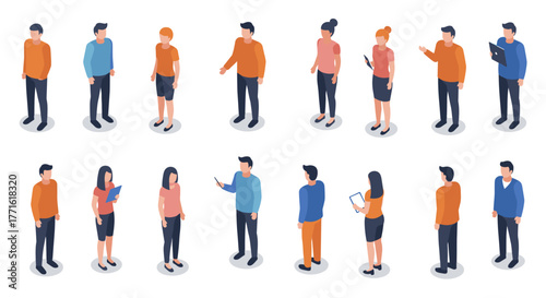 Isometric people communicating: office attire and digital devices