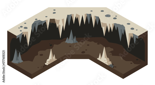 Isometric underground cave with stalactites and stalagmites in polygonal style