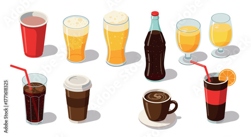 Isometric beverage collection featuring coffee, soda, and juice glasses