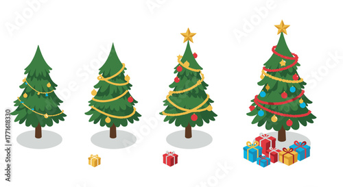 Evolution of christmas trees with decorations and gifts in isometric style