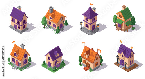 Charming isometric fairy tale houses collection with colorful designs