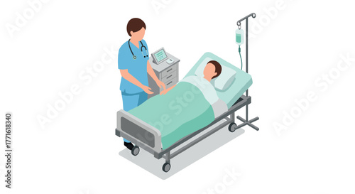 Healthcare professional attending to patient in hospital bed isometric design
