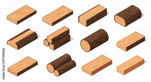 Isometric timber variations: logs and planks in diverse angles and shapes