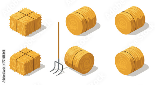 Isometric hay bales and pitchfork on white background