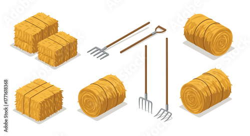 Isometric hay bales and garden tools set for farming and agriculture design