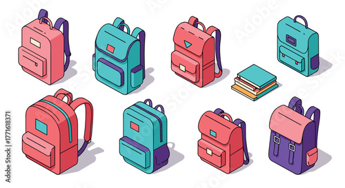 Colorful isometric backpack and book collection on white background