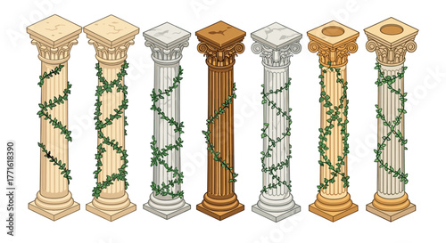 Ancient greek columns with ivy vines in classic architectural design
