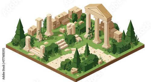 Ancient ruins in a lush garden: isometric scene with columns and greenery