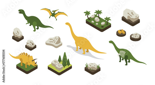 Colorful isometric dinosaurs with prehistoric landscape elements