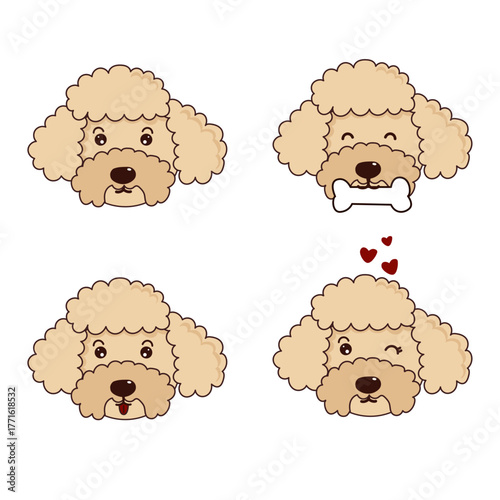 poodleA cute cartoon Poodle face set with four different emotions. Collection of a happy puppy character: smiling, eating a bone, sticking tongue out, and winking. Adorable vector pet illustration