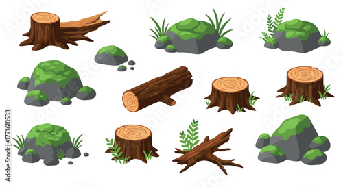 Cartoon nature elements: tree stumps, logs, and mossy rocks for forest design