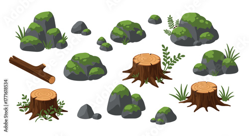 Nature elements collection with mossy rocks, tree stumps, and greenery in flat design