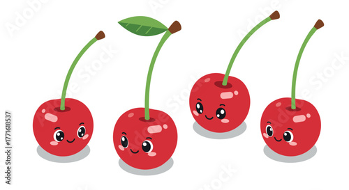 Cute kawaii cherries with adorable faces and green leaves in a playful cartoon design