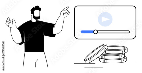 Bearded man points at a video player interface near stacked coins, symbolizing video monetization, content creation, and digital income. Ideal for business, finance, marketing, e-learning