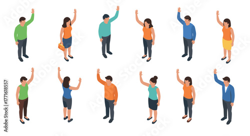 Isometric people waving: diverse group in casual attire