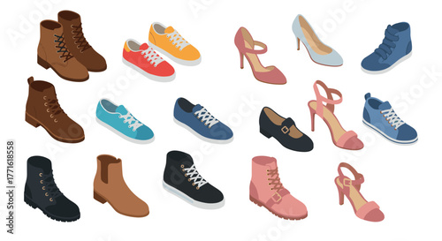 Diverse collection of isometric shoes featuring sneakers, boots, and heels in various colors