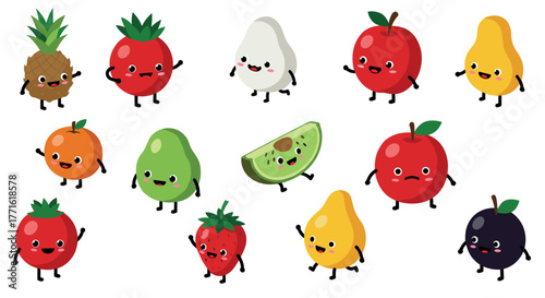 Cute kawaii fruits with faces and arms on white background